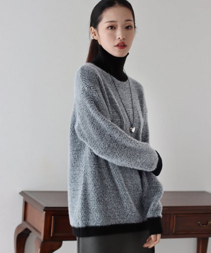 【SALE】配色タートルシャギーニット