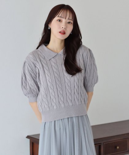 【SALE】半袖カラーケーブルニット