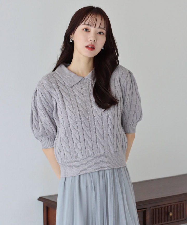 【SALE】半袖カラーケーブルニット