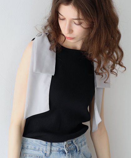 【SALE】ショルダーリボンノースリリブニット
