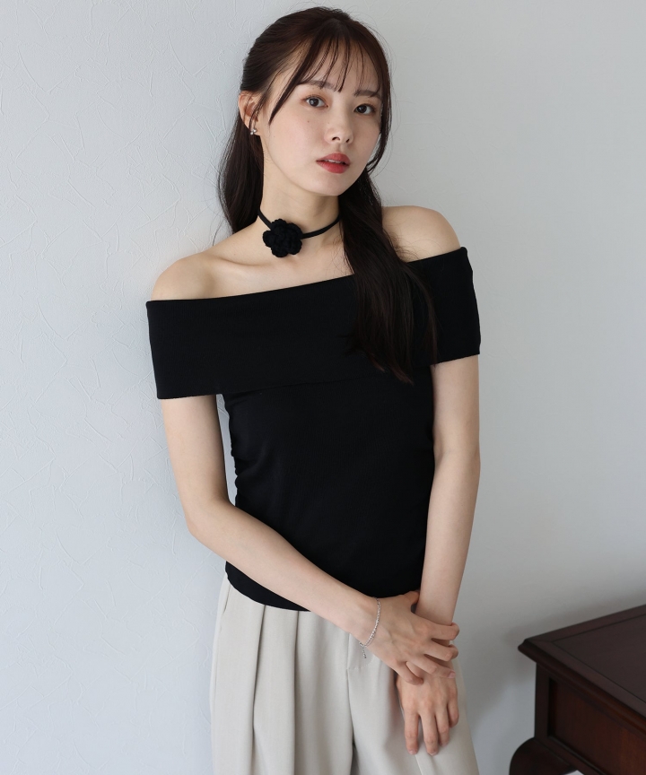 【SALE】フラワータイセットオフショルダートップス