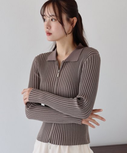 【SALE】バイカラーポロ襟Wジップカーディガン