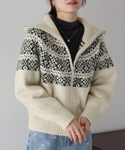 【TIME SALE】フロントジップノルディック柄ニット