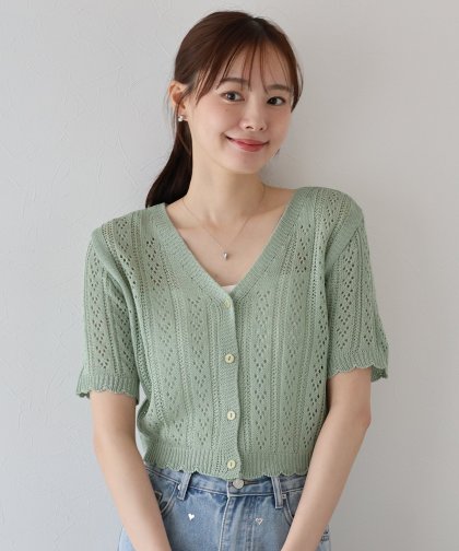 【TIME SALE】透かし編みVネック半袖カーディガン