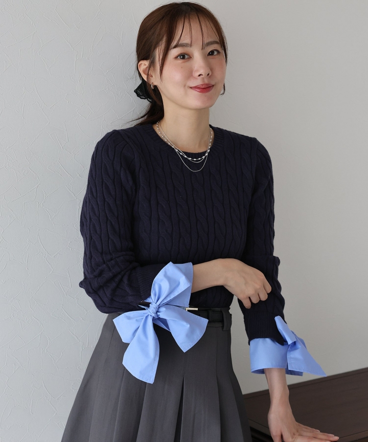 【TIME SALE】リボン袖ドッキングケーブルニット
