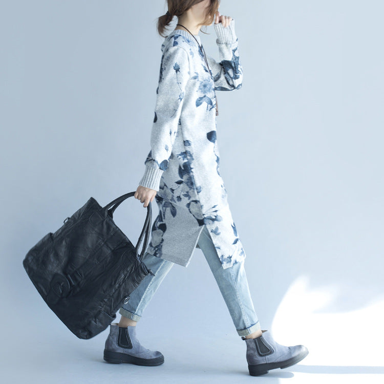 2025年 秋冬 グレー プリント ウール混 ニットワンピース 大きいサイズ フィット感 サイドスリット