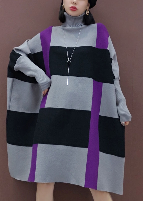 ゆったり グレー×ブラック ボーダー柄 ニットワンピース 長袖