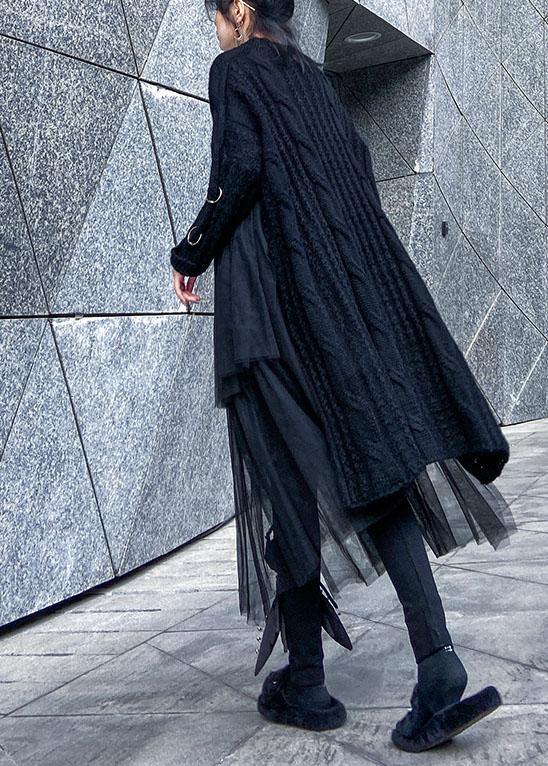 オーバーサイズ ブラック セーターワンピース ヴィンテージ風 Oネック 立体装飾 ビッグシルエット 春ニットワンピース